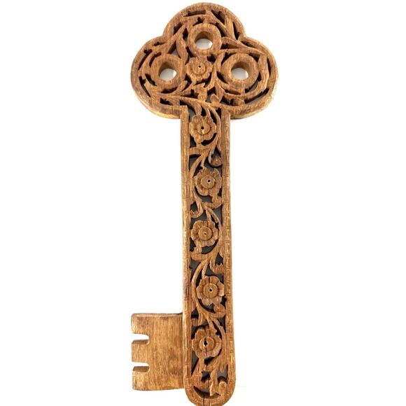 Vintage Hand Carved Wooden Wall Key 12” Floral Cutout Rustic Boho Home Decor - Picture 1 of 4